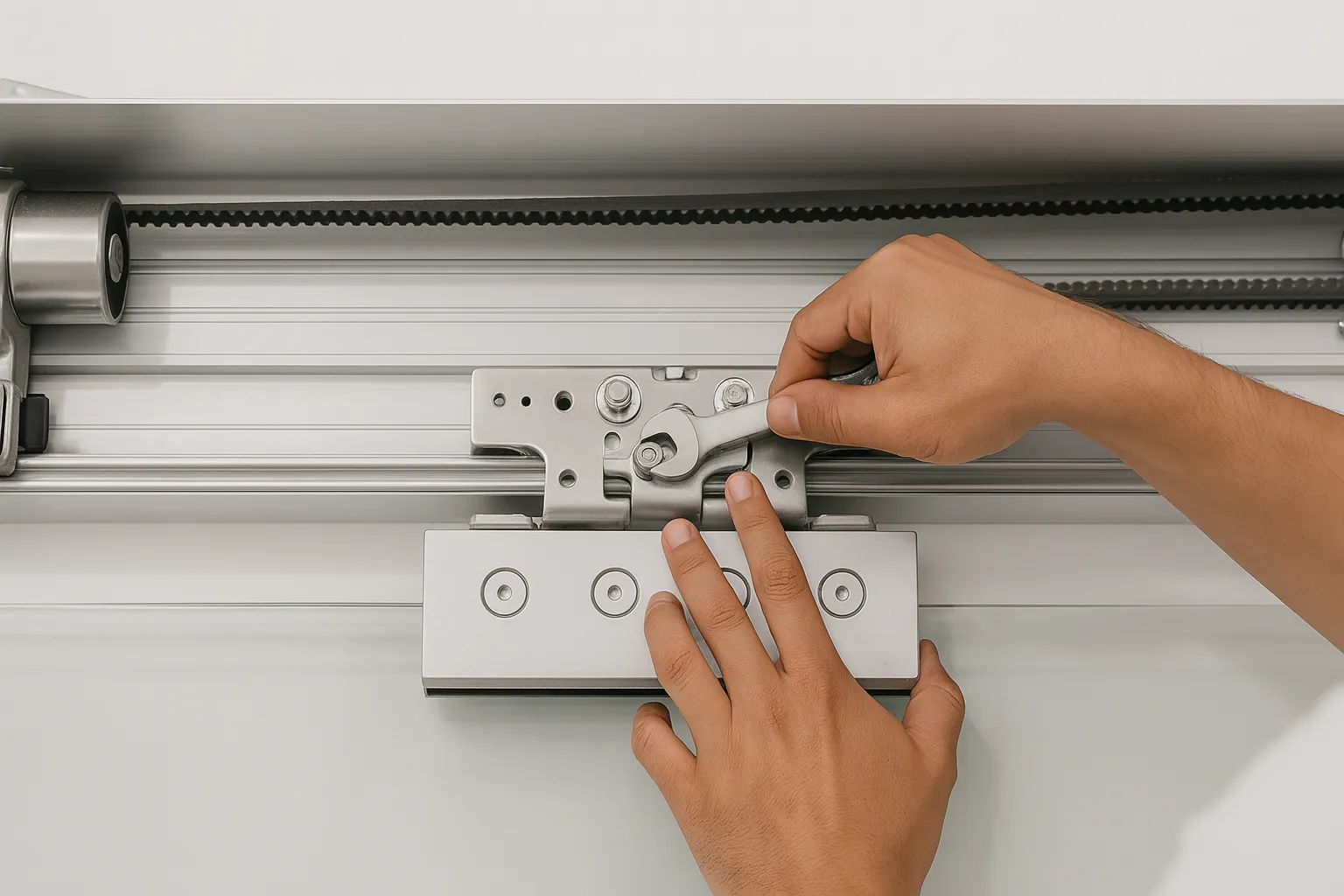 Ajuste de carretilla en puerta automática durante mantenimiento técnico.