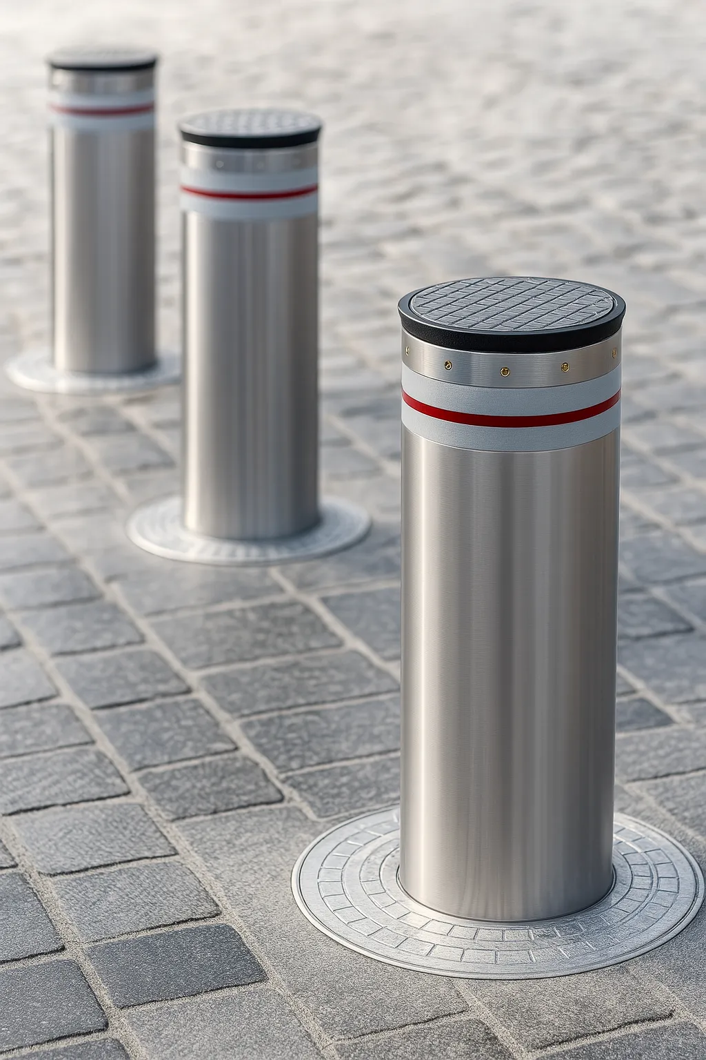 Bolardos retráctiles instalados en banqueta para control peatonal.