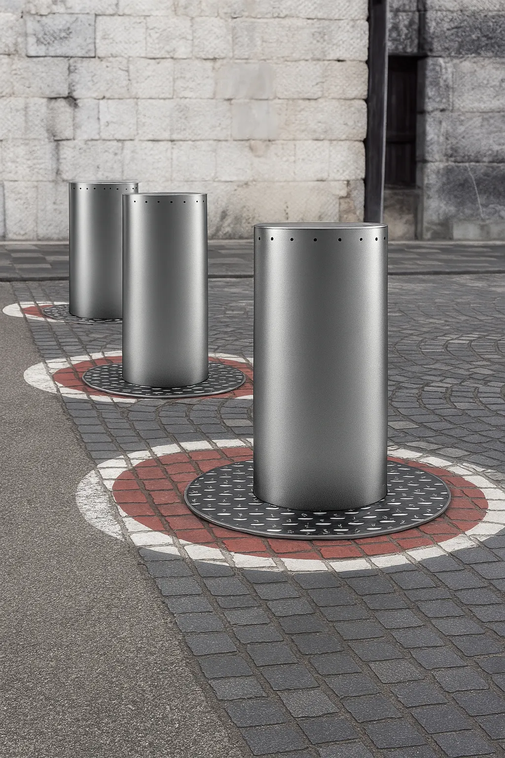 Bolardos retráctiles colocados en calle para acceso vehicular seguro.