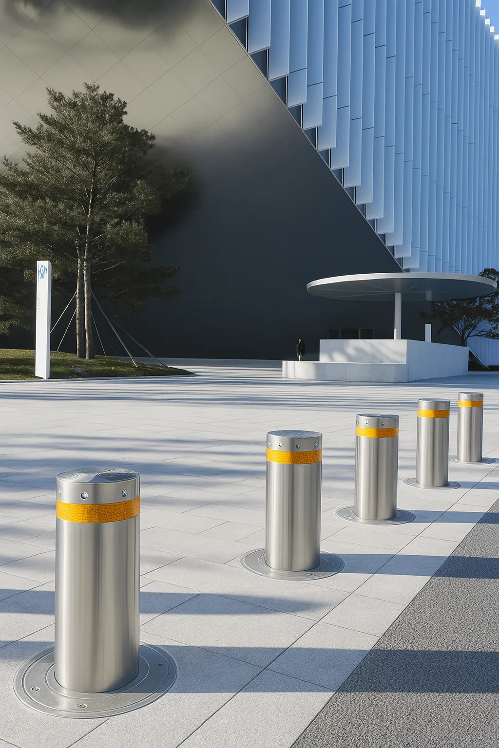 Bolardos retráctiles en acceso de edificio corporativo.