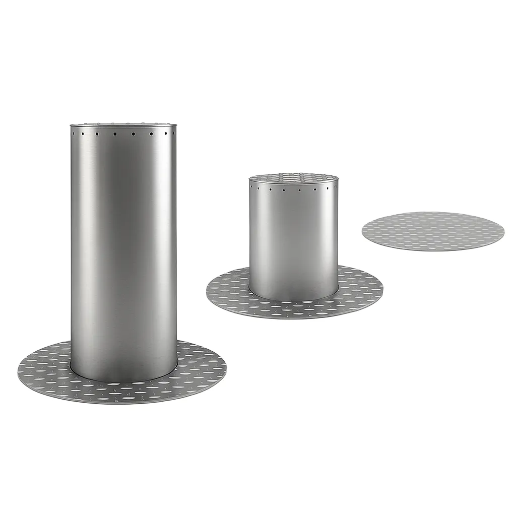 Render de bolardos retráctiles automáticos acabado acero inoxidable con fondo blanco.