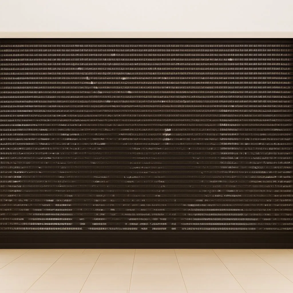 Cortina automática multiperforada en tienda con diseño de seguridad.