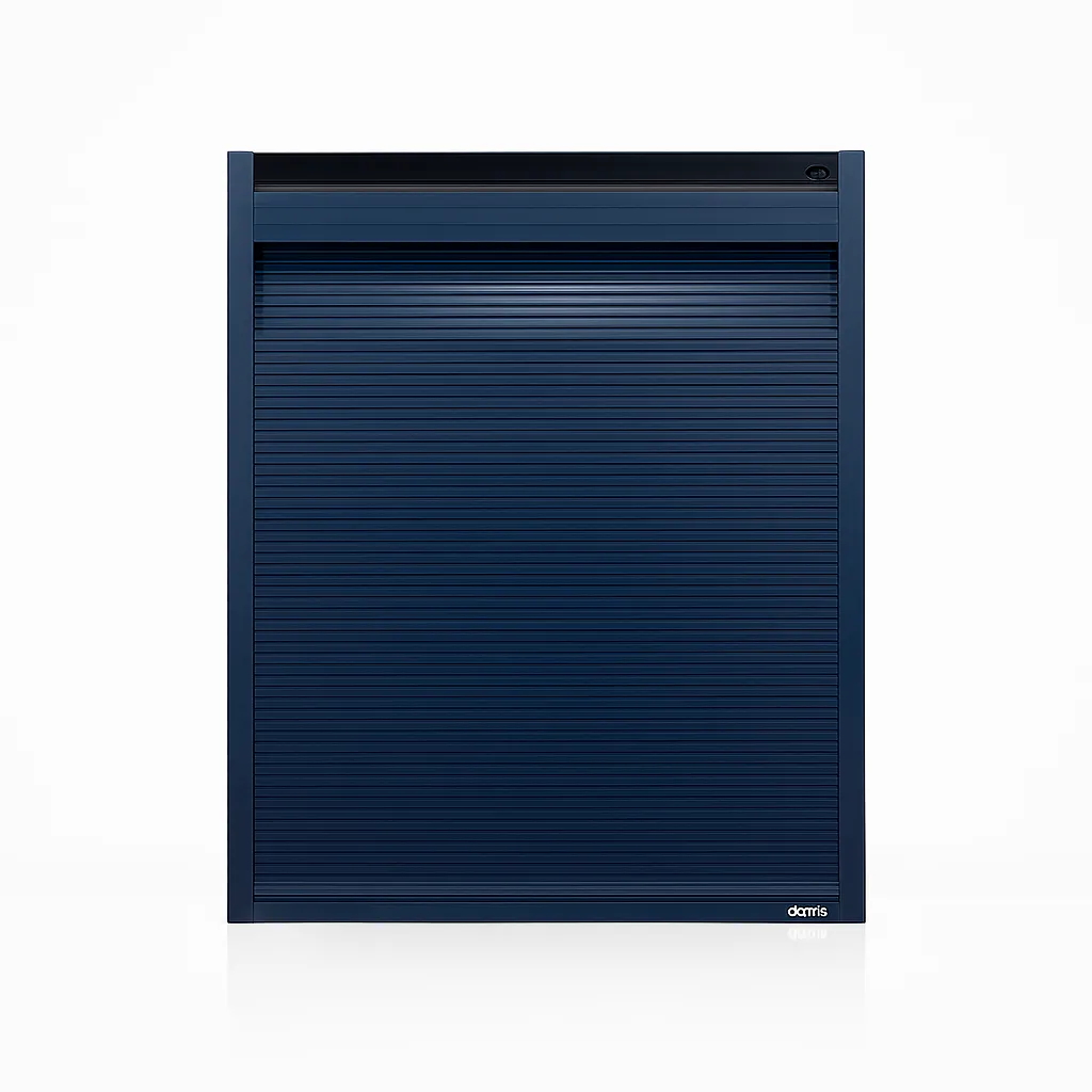 Render de cortina automática azul con fondo blanco.