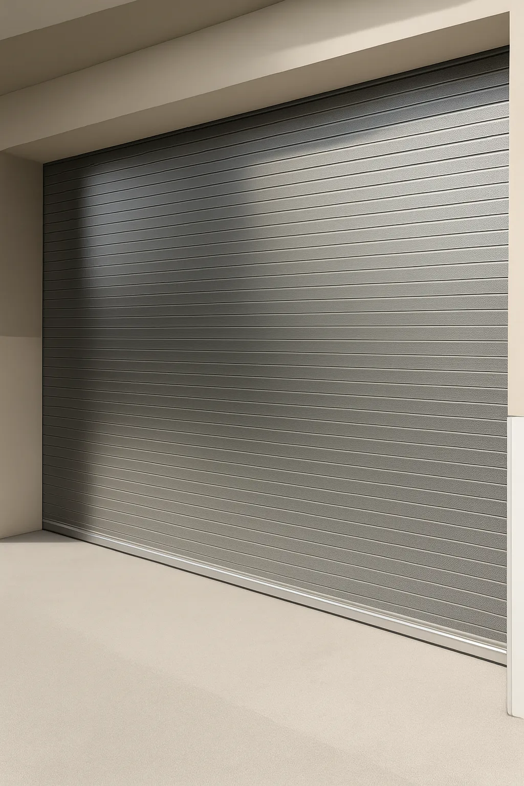 Cortina plana de acero gris instalada en fachada.