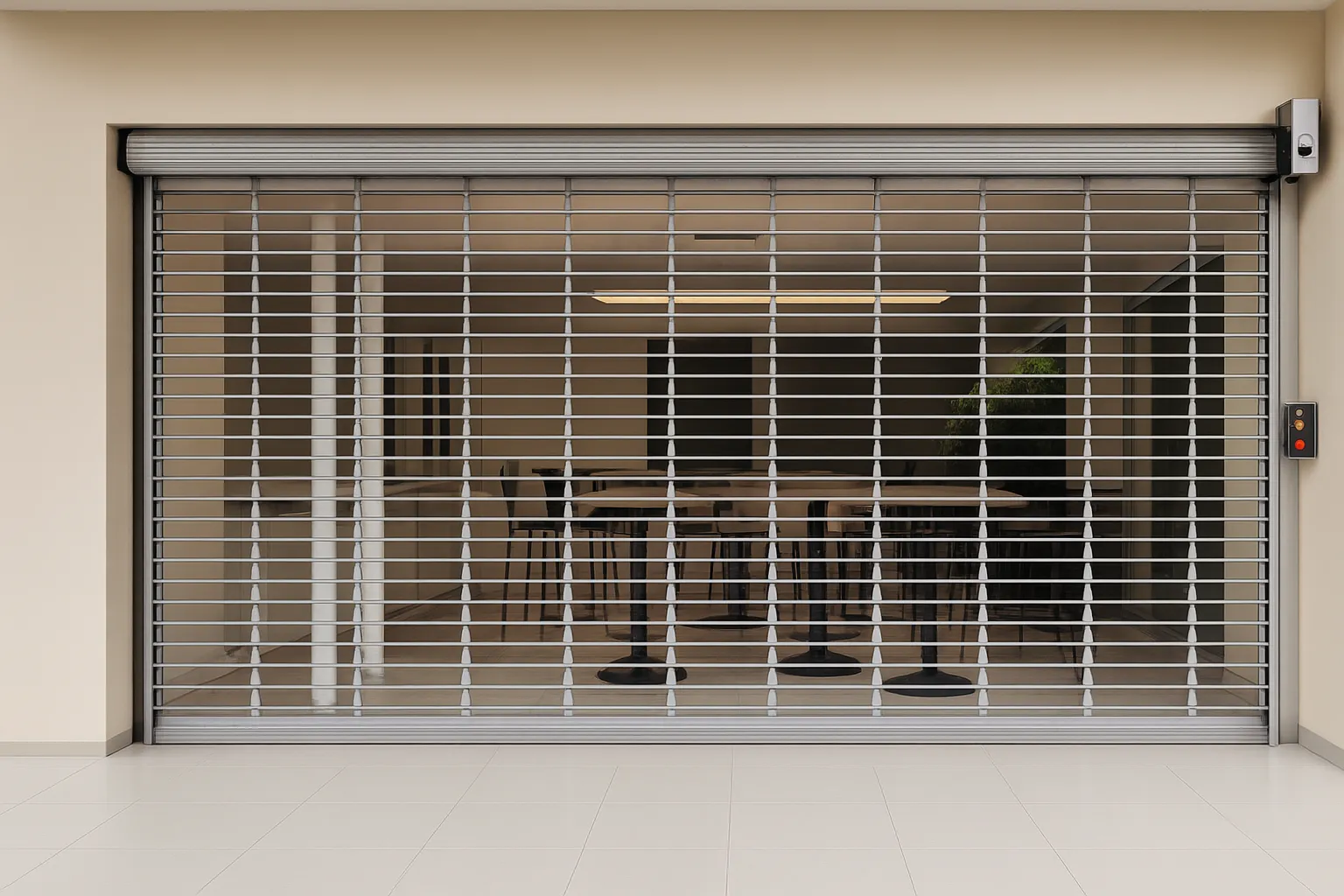 Cortina tubular en acceso de comercio para protección.