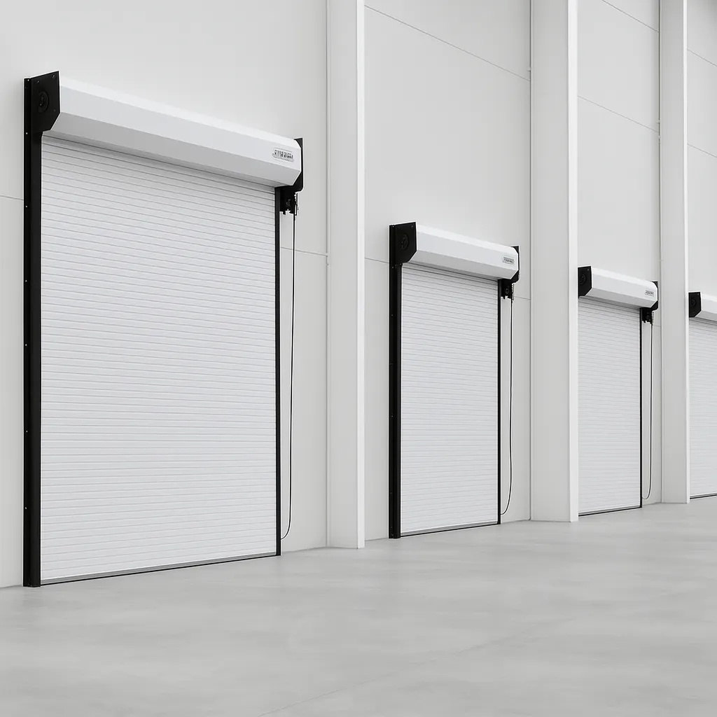 Cortinas automáticas en acceso de bodega industrial.