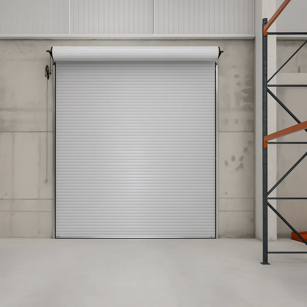 Cortina industrial automática instalada en bodega de gran tamaño.