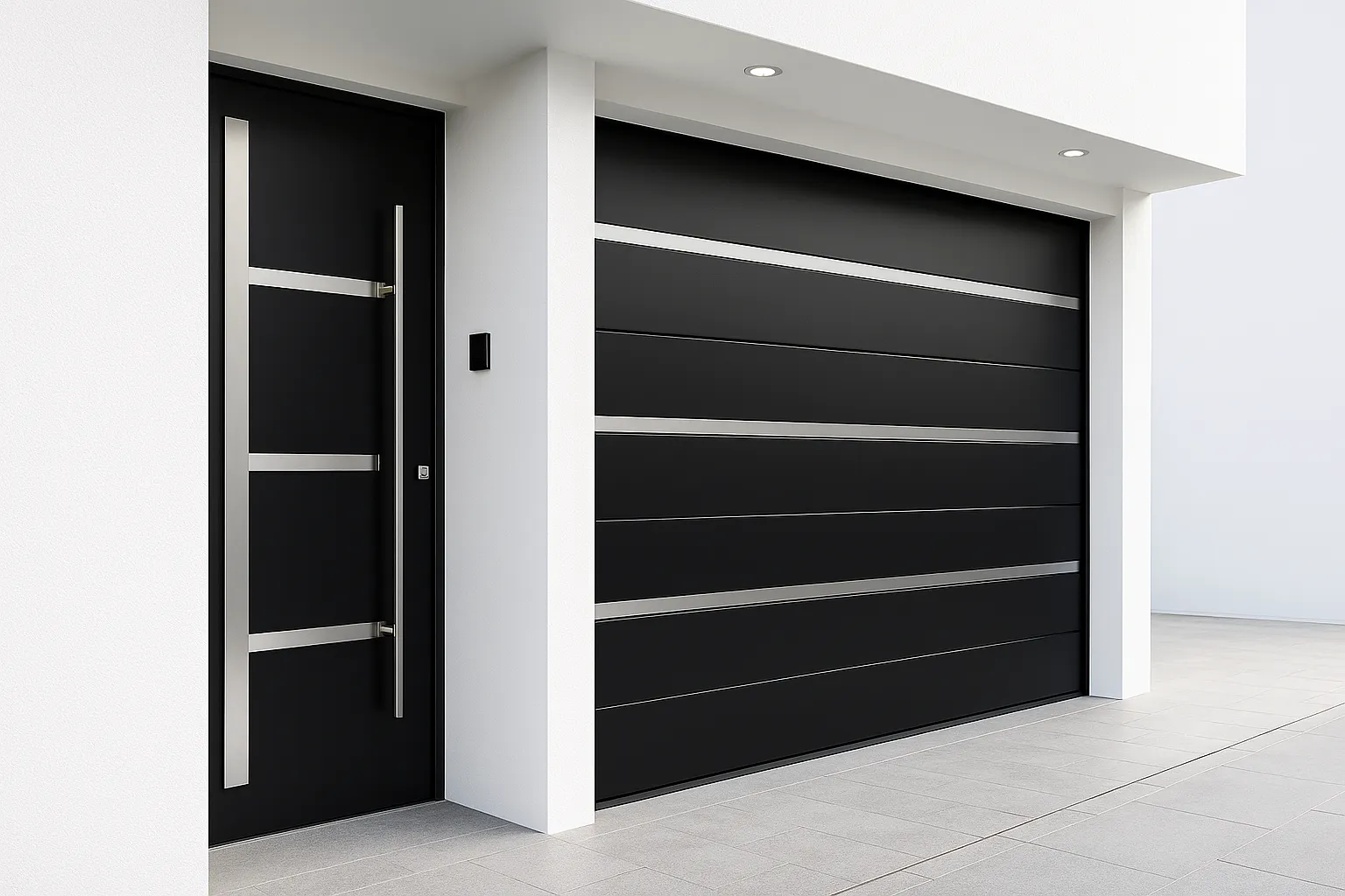 Puerta de garaje automático con acabado negro elegante.