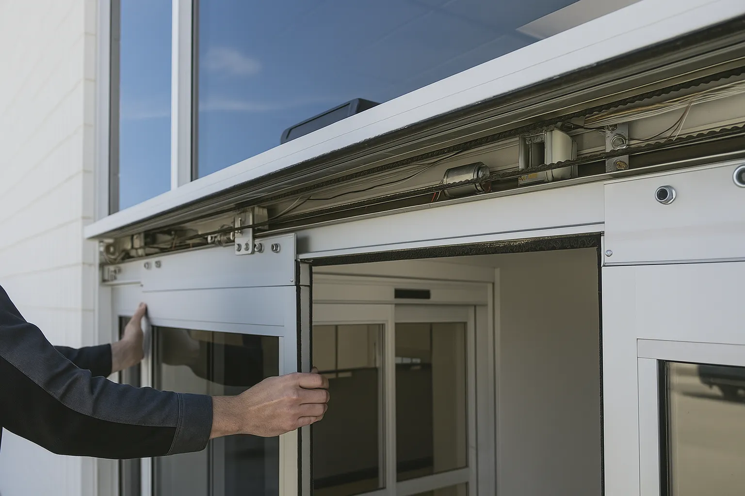 Instalación técnica de puertas automáticas con herramientas especializadas.