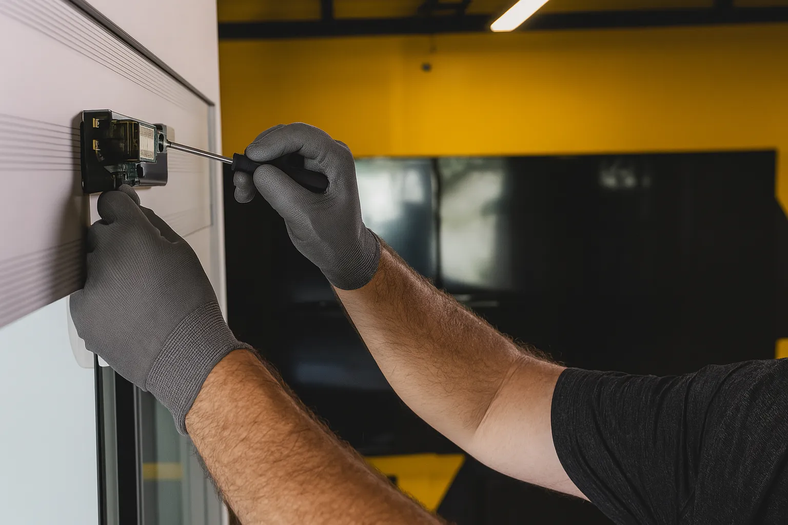 Revisión técnica de puertas automáticas en instalación comercial.