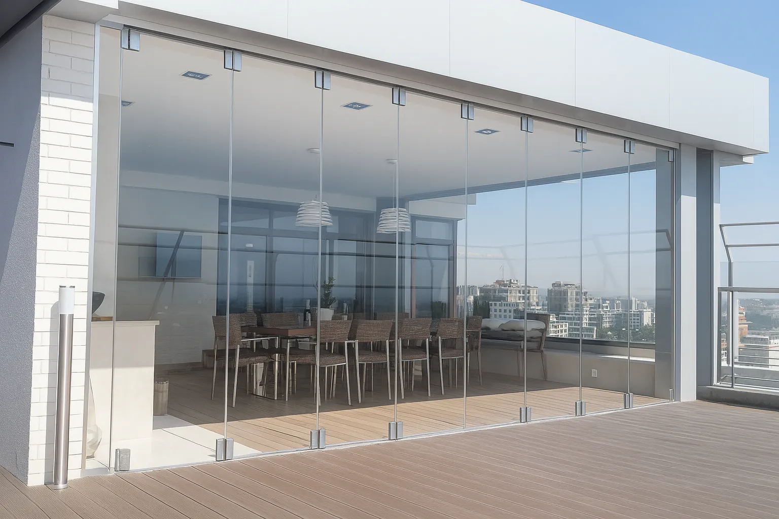 Muro móvil instalado en terraza con estructura ligera.