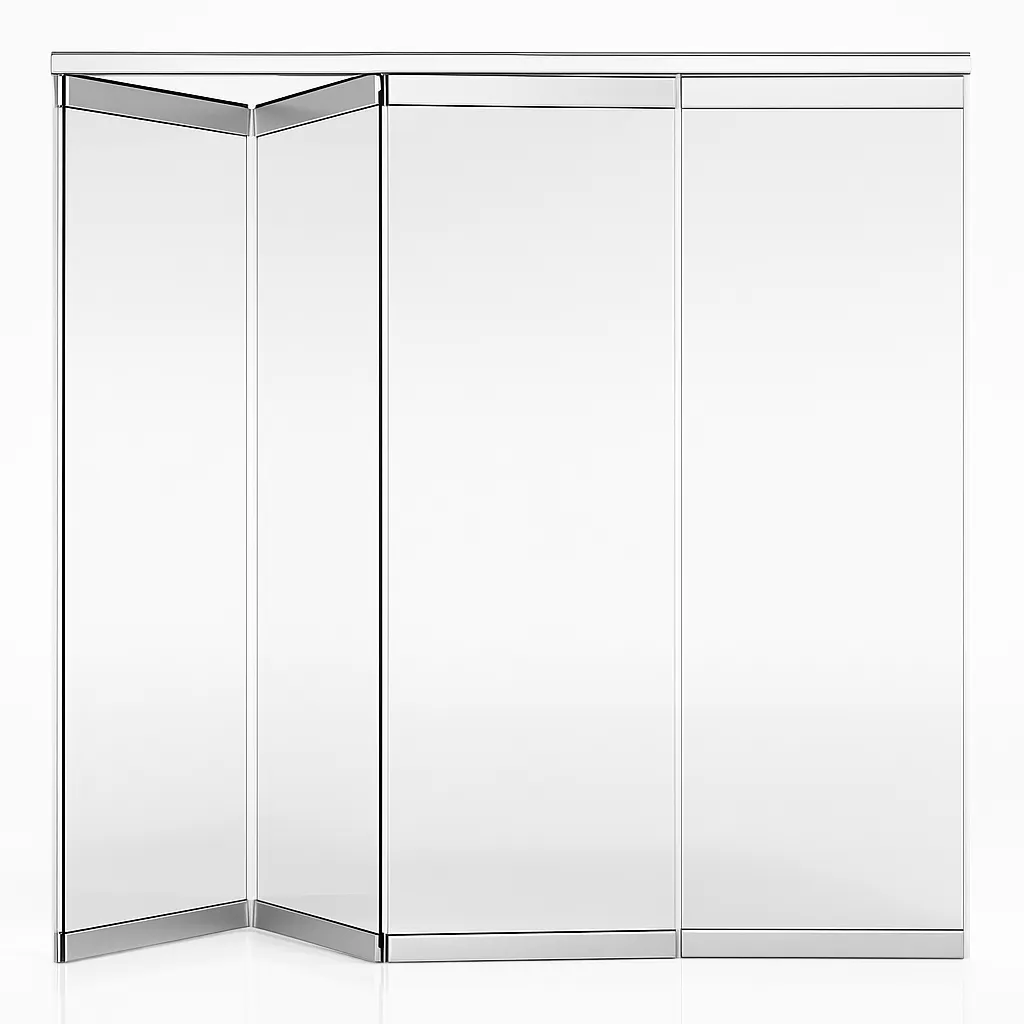 Render de muro plegable de cristal con fondo blanco.