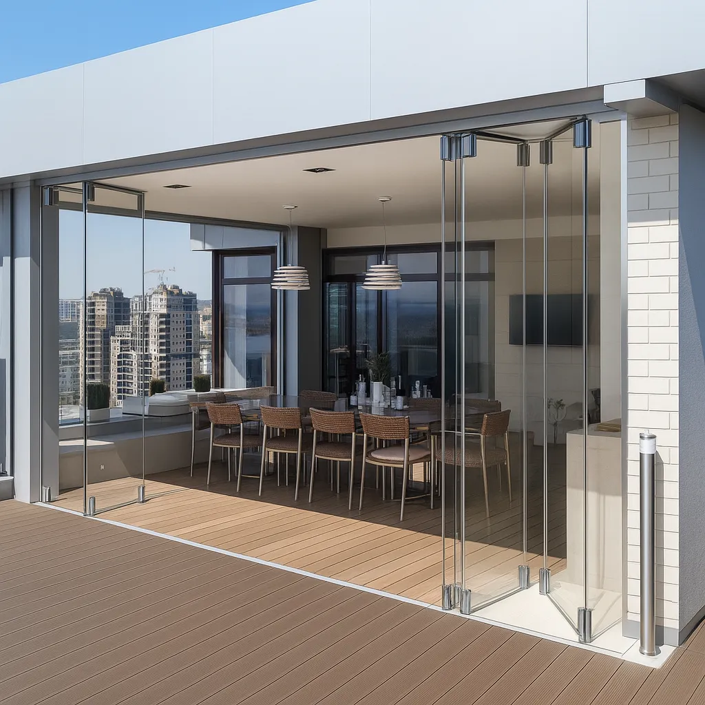 Muro plegable de cristal en penthouse con vista panorámica.