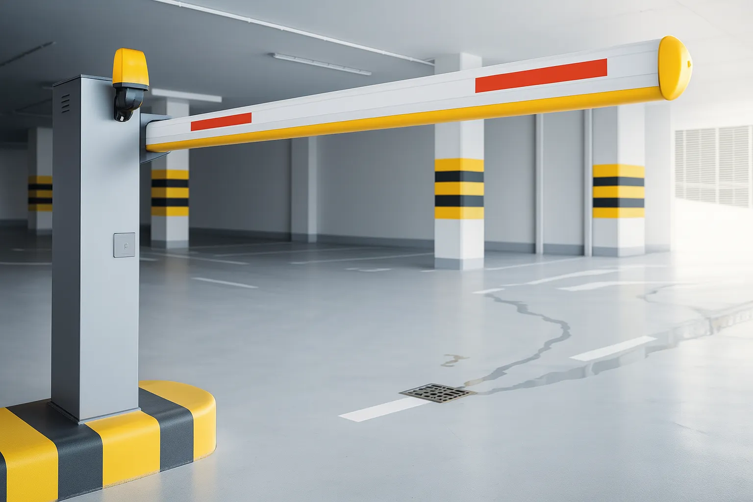 Pluma de acceso vehicular instalada en estacionamiento.