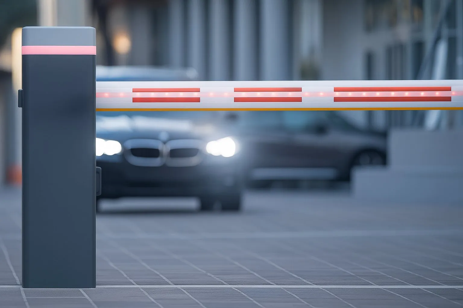 Pluma de acceso vehicular automática con auto de fondo.