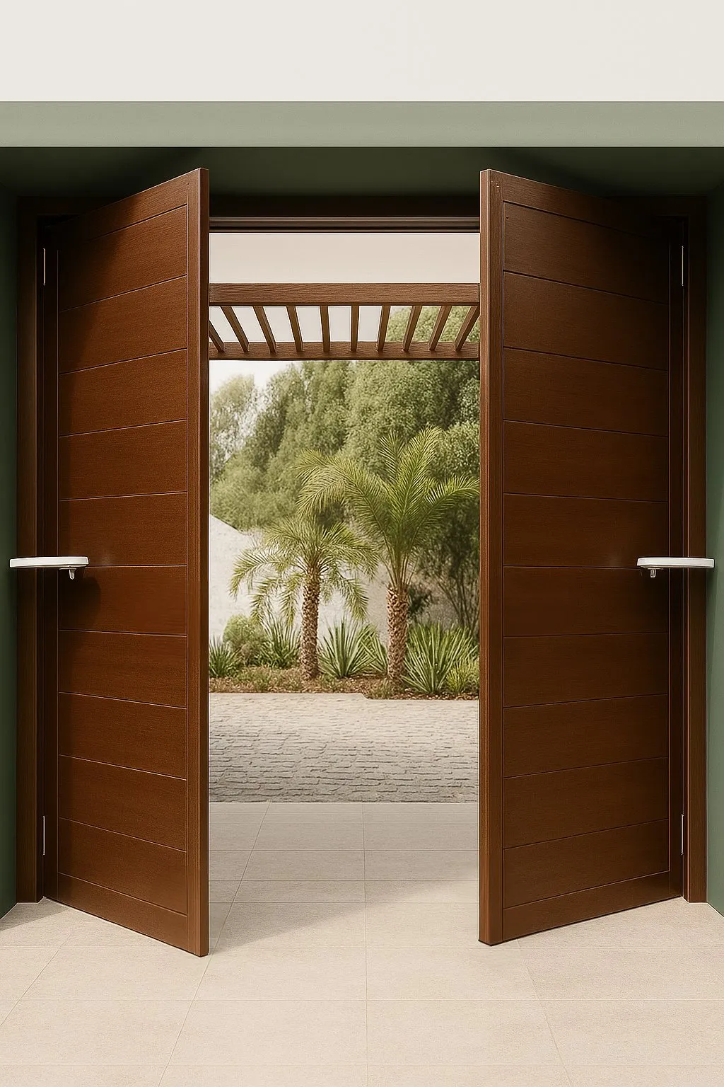 Portón abatible automático con pistones hidráulicos.