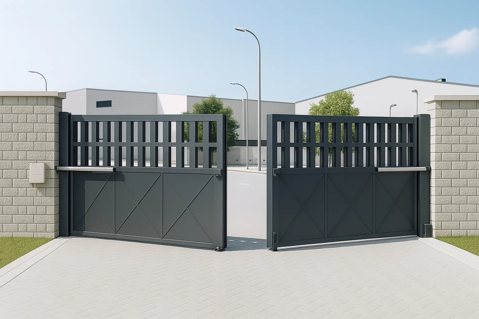 Portón automático batiente en residencia moderna.