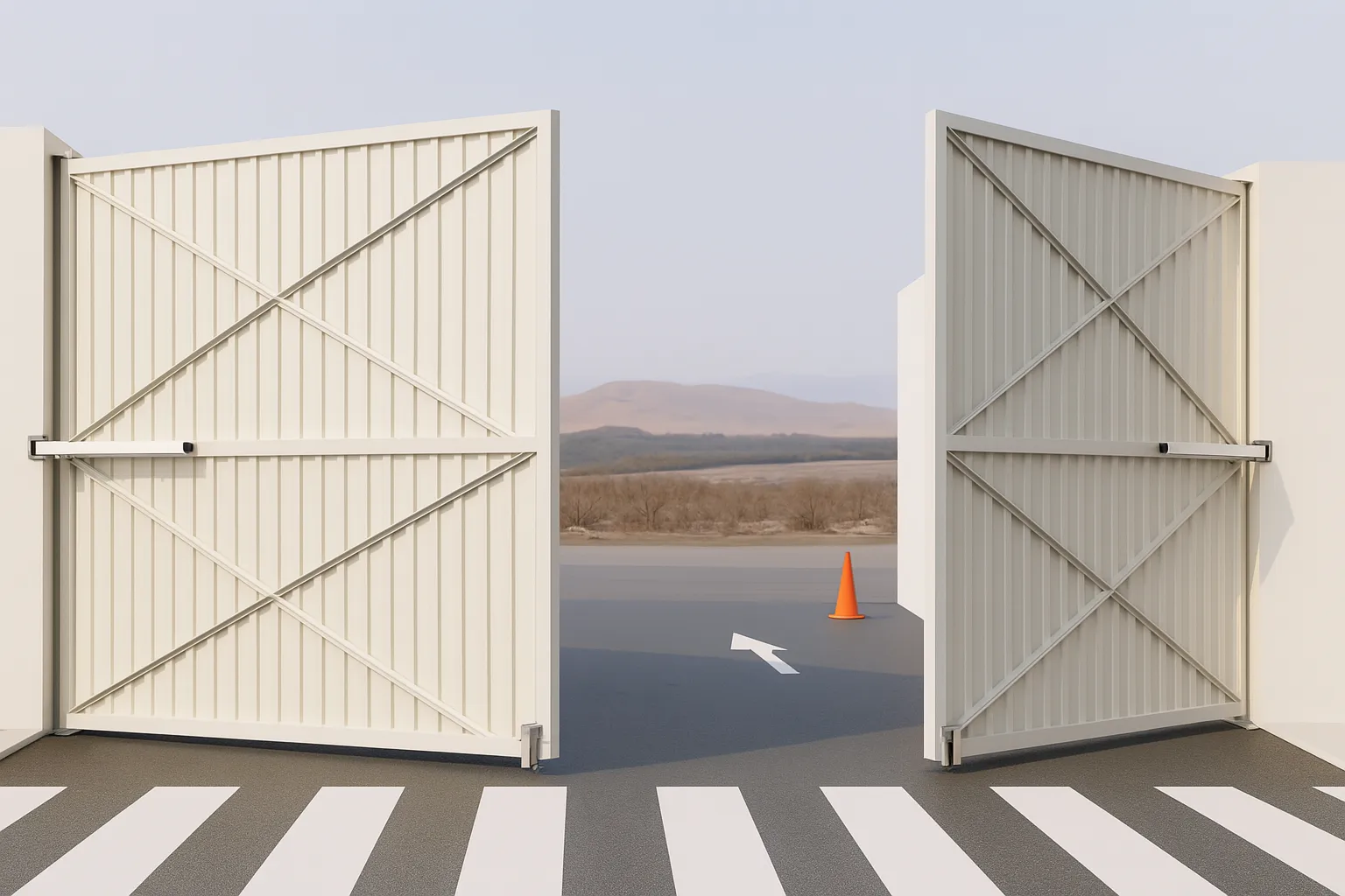 Portón batiente industrial color blanco.