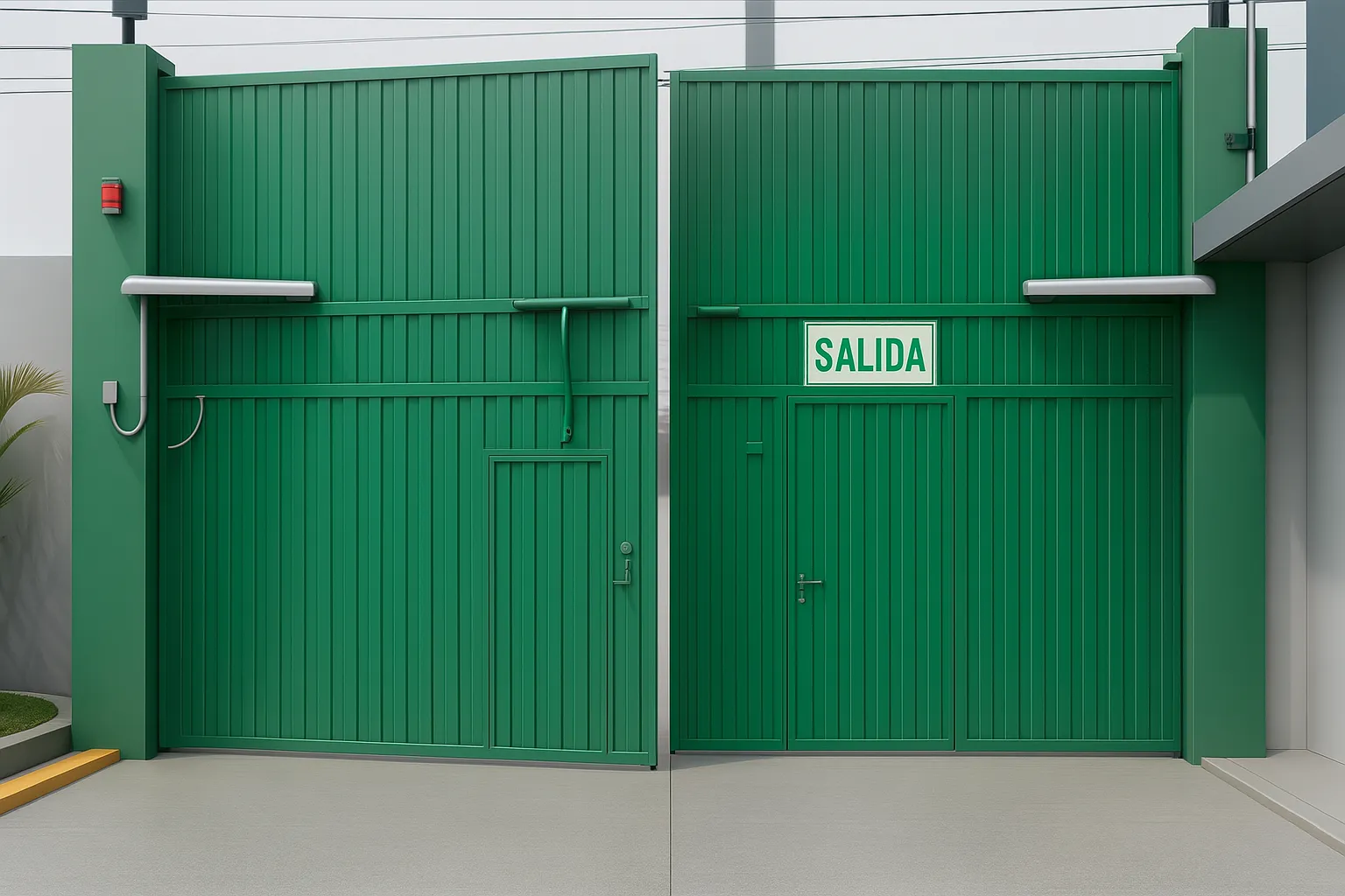 Portón batiente industrial color verde.