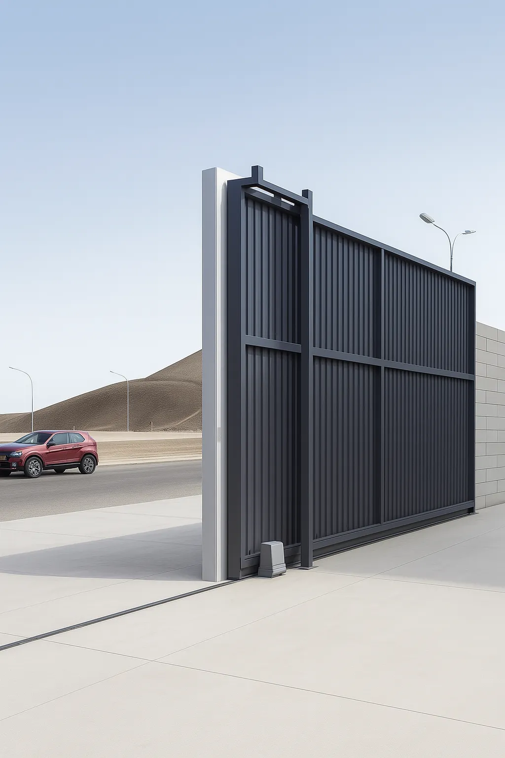 Portón corredizo automático para uso industrial.