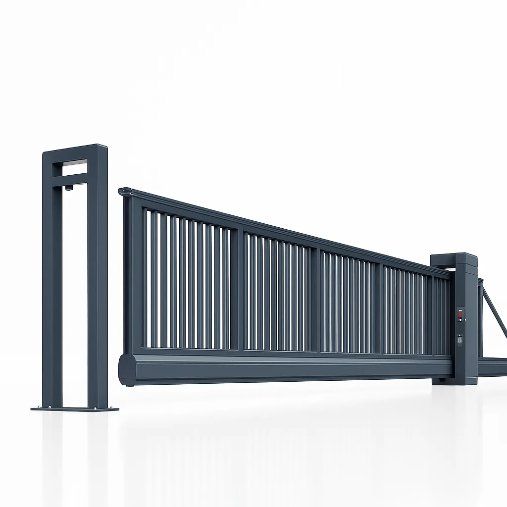 Render de portón corredizo para zonas industriales, fondo blanco.