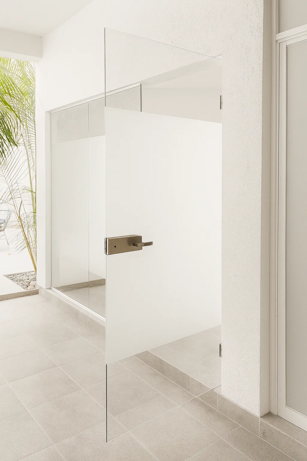 Puerta abatible manual con diseño esmerilado en cristal.