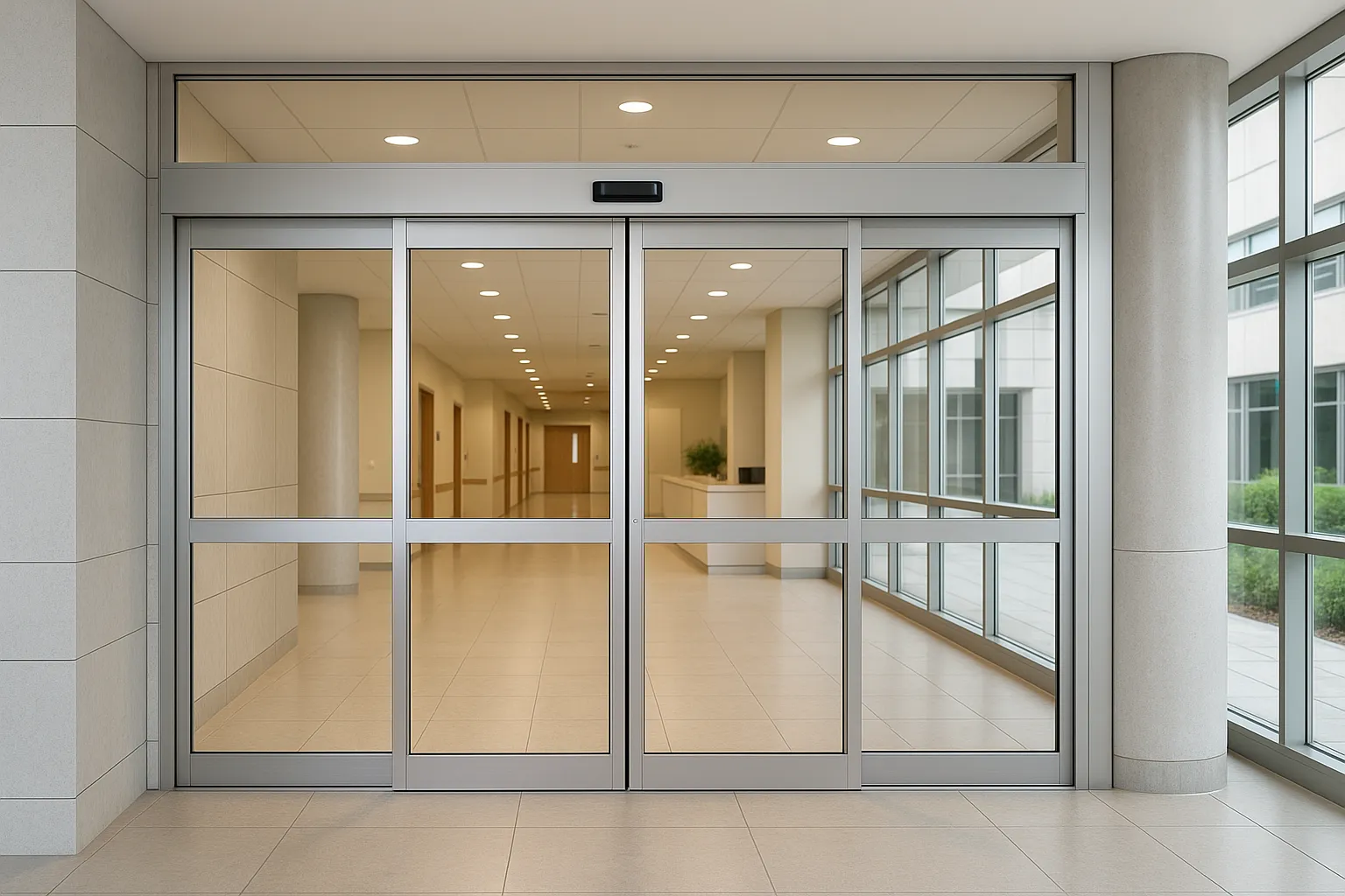 Puerta automática corrediza de cristal con marco de perfil intermedio.