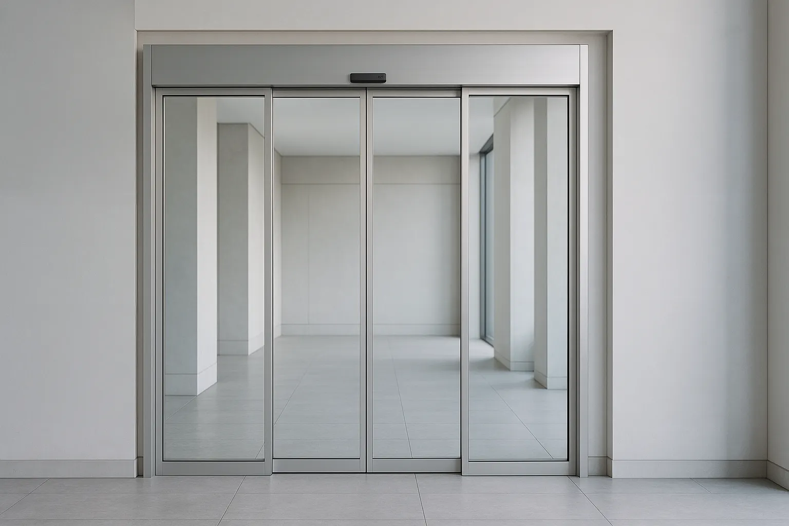 Puerta automática corrediza de cristal con marco natural.