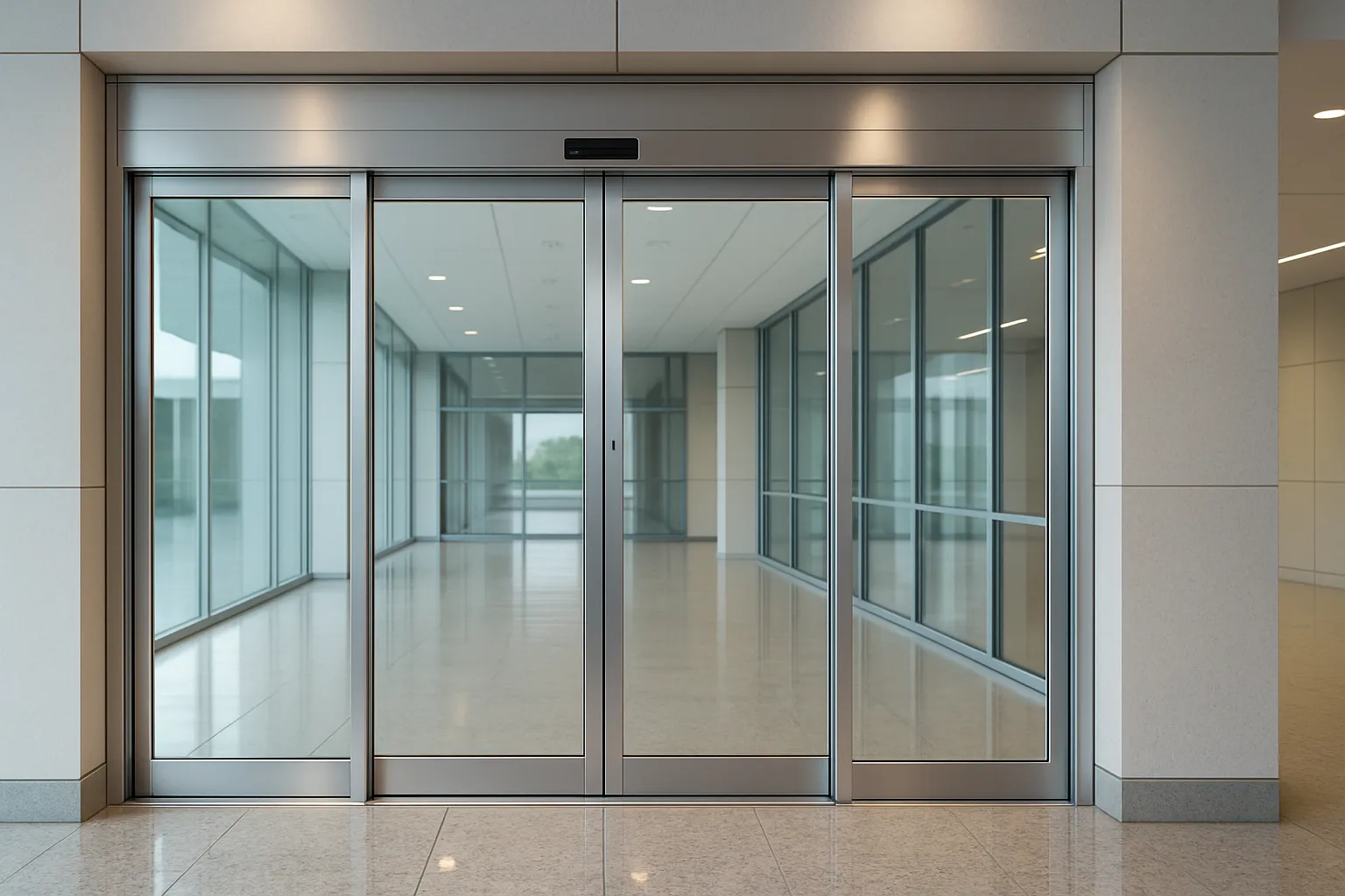 Vista adicional de puerta corrediza de cristal con marco natural.