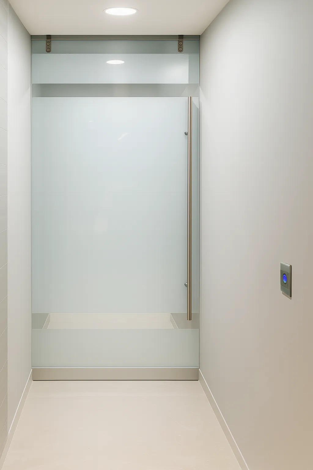 Puerta corrediza automática de cristal con diseño esmerilado.