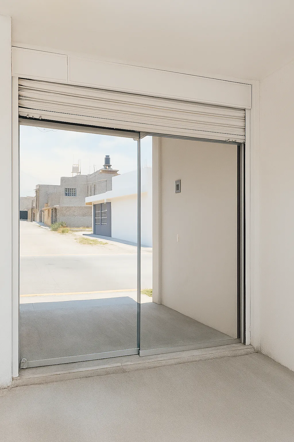 Puerta automática corrediza de cristal en acceso de accesoría.