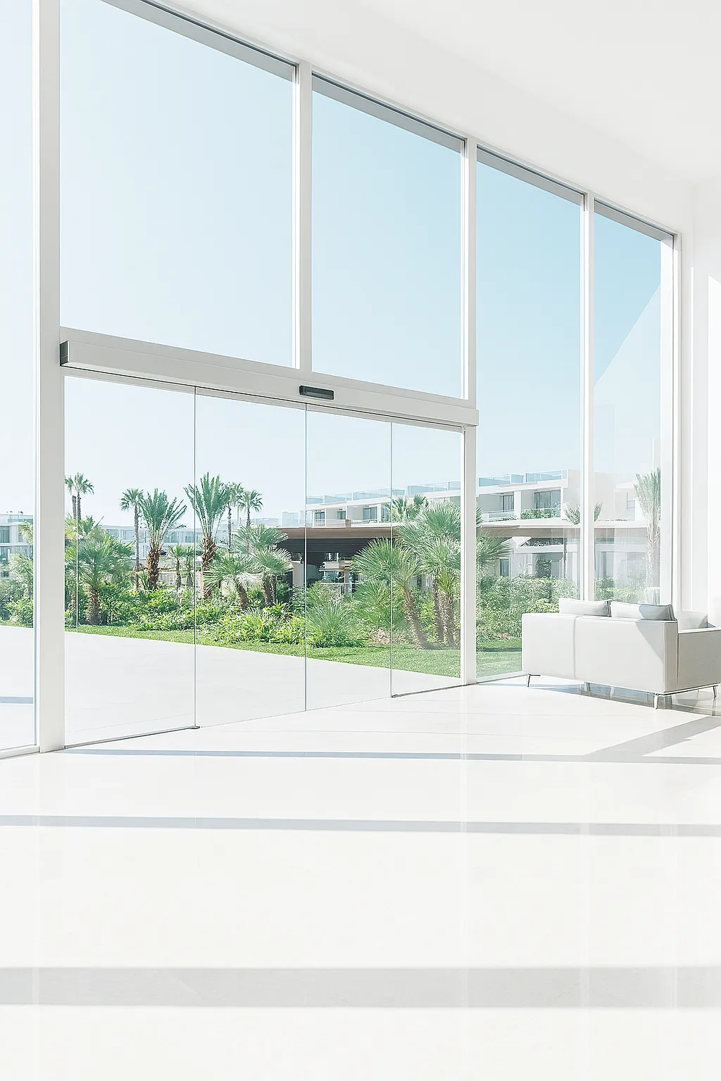 Puerta corrediza automática de cristal en hotel.