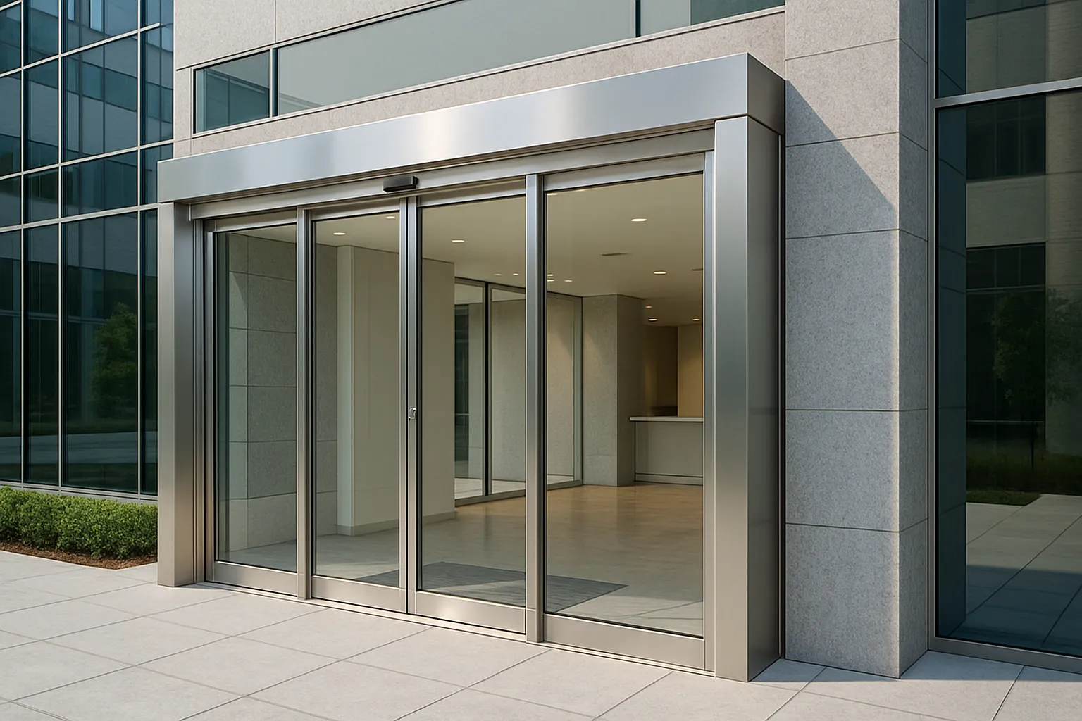 Puerta corrediza automática de cristal en entrada principal.