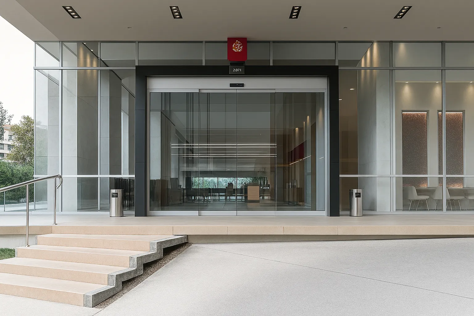 Puerta corrediza automática de cristal instalada en restaurante.