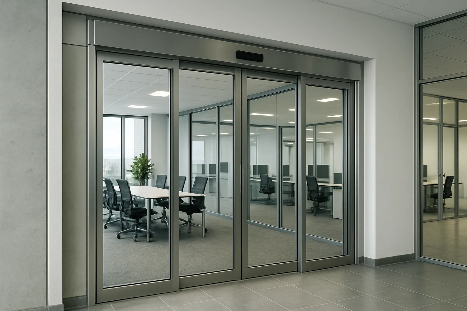 Vista lateral de puerta corrediza automática de cristal.