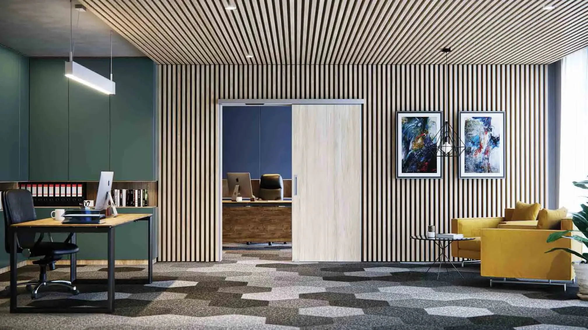 Puerta corrediza automática de madera.