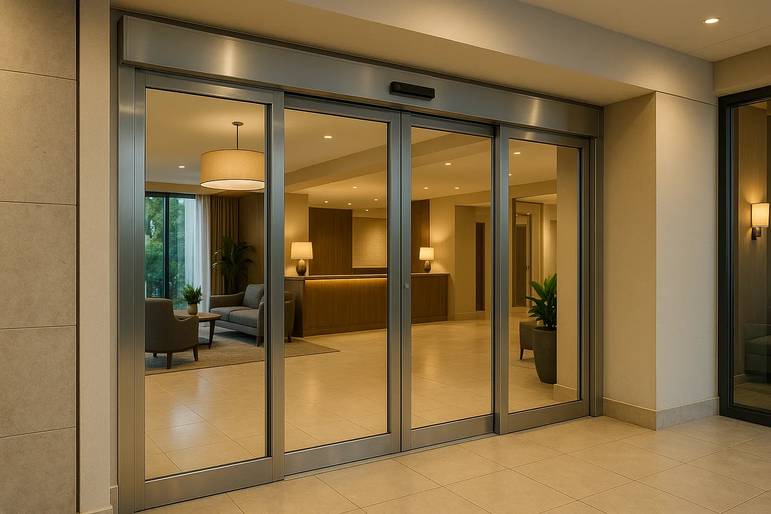 Puerta automática de cristal en recepción de hotel.