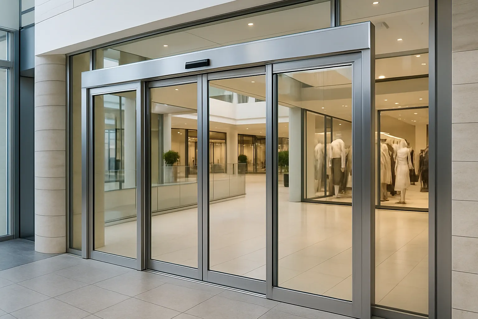 Puerta automática de cristal en tienda comercial.