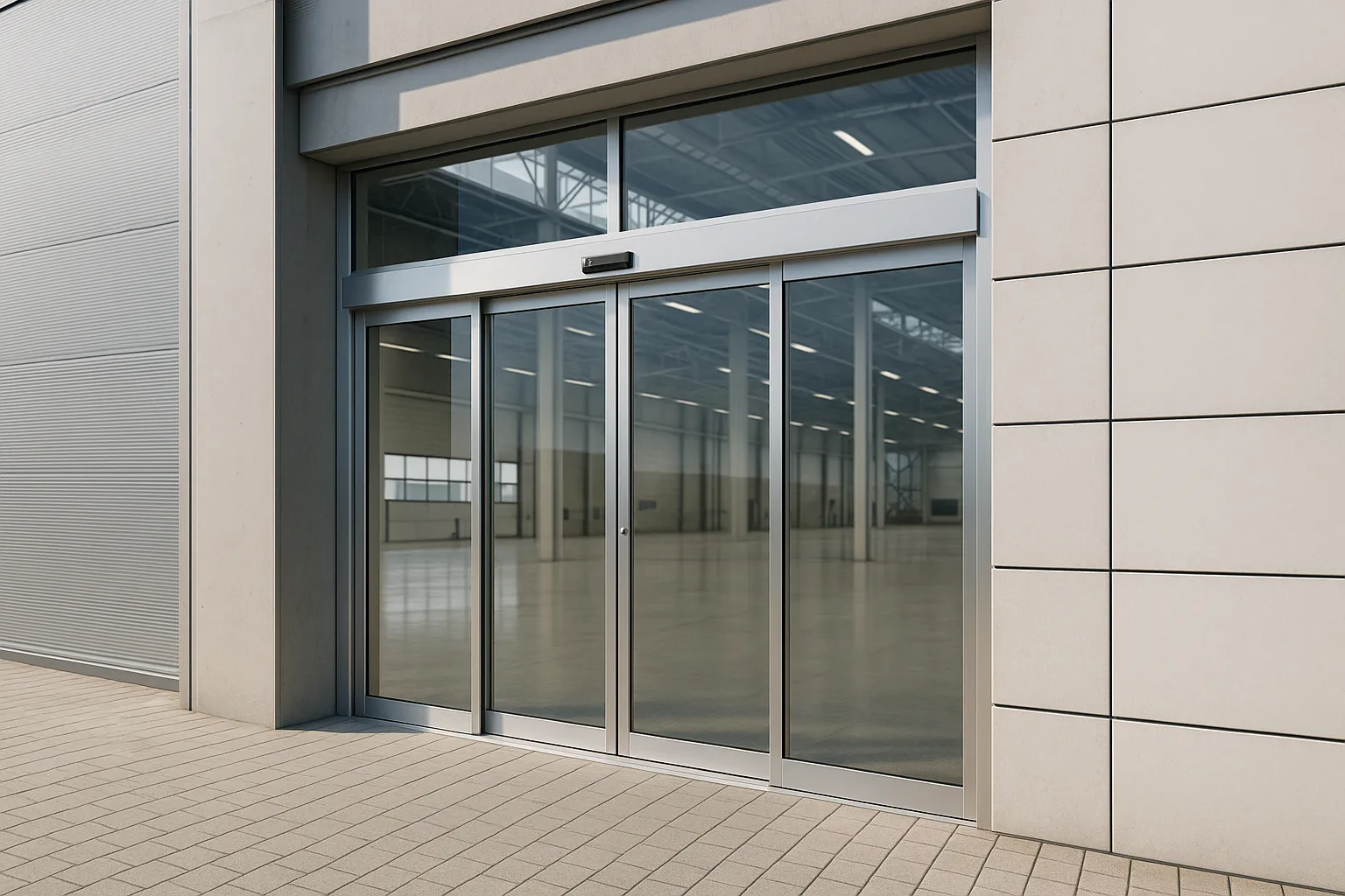 Puerta automática de cristal instalada en zona industrial.
