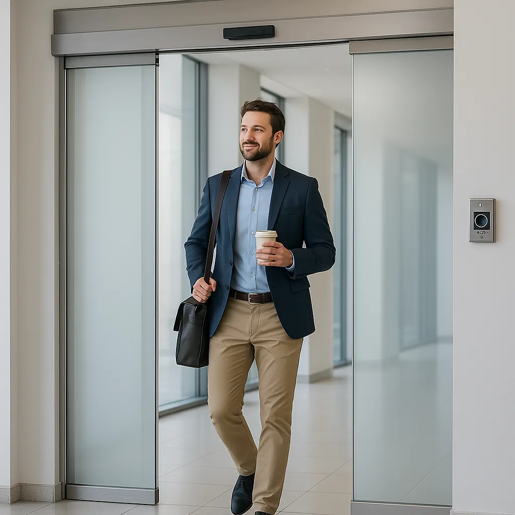 Puerta automática instalada en oficina moderna.