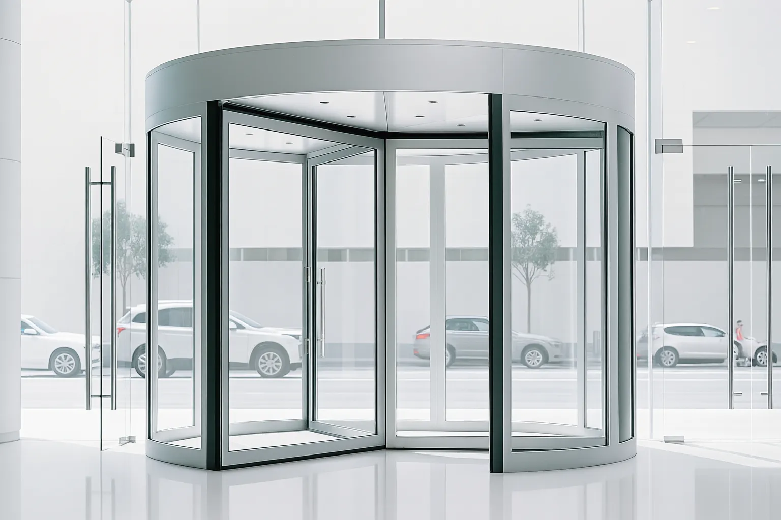 Puerta automática giratoria de cristal con marco metálico.