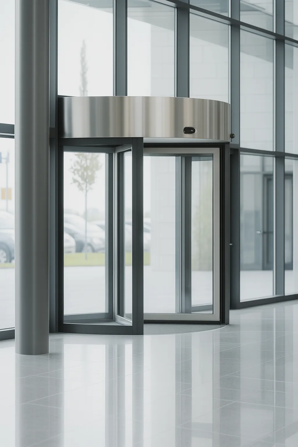 Puerta giratoria automática de cristal transparente.