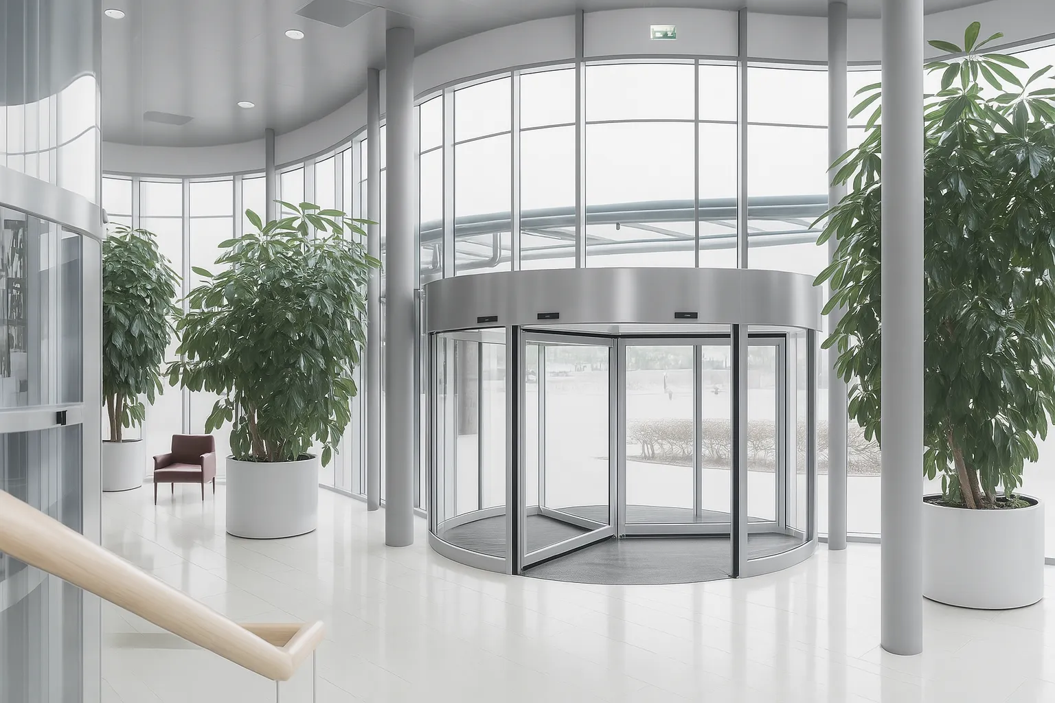 Puerta giratoria automática instalada en acceso principal.