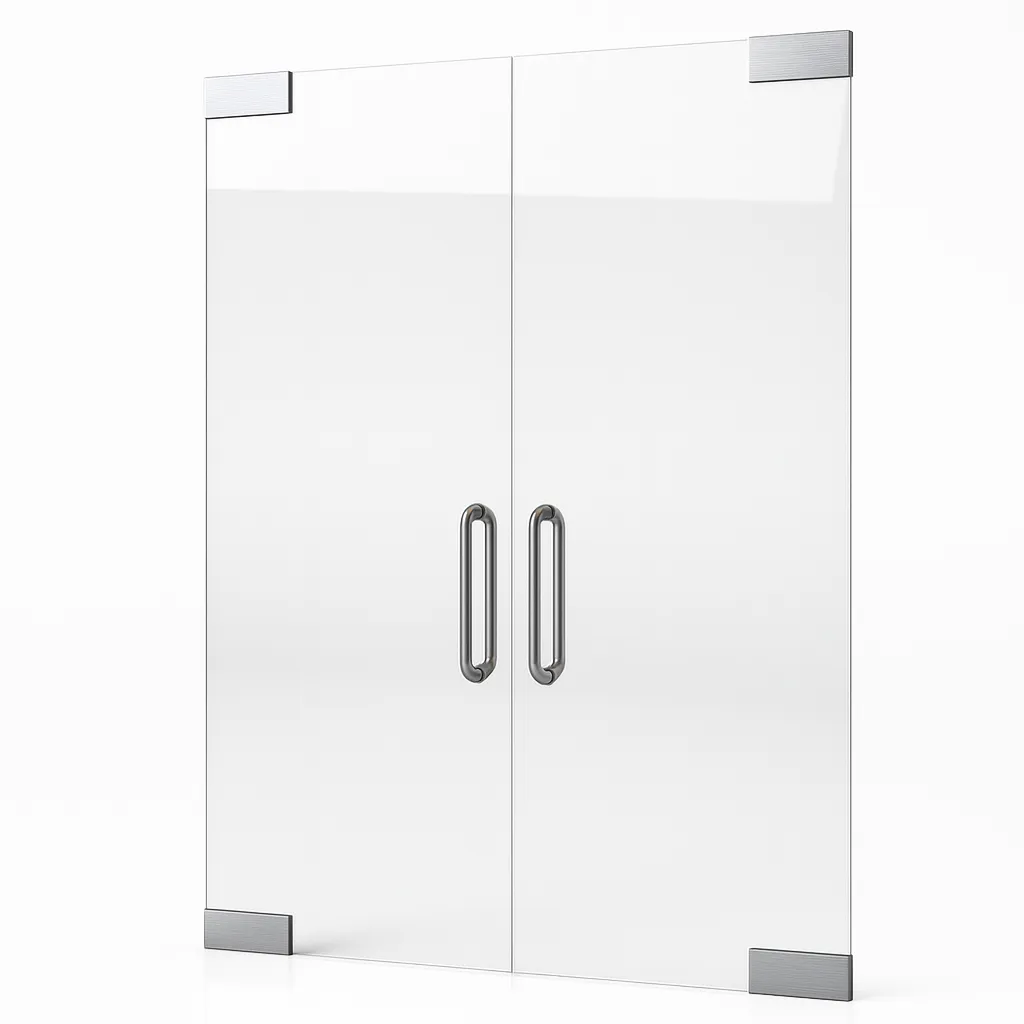 Render de puerta batiente doble de cristal con jaladeras tipo D y fondo blanco.