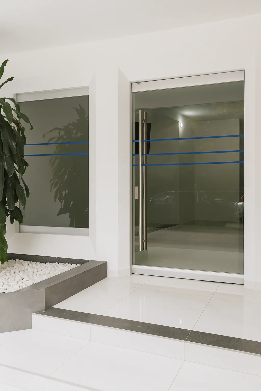 Puerta batiente individual de cristal con zoclos metálicos.