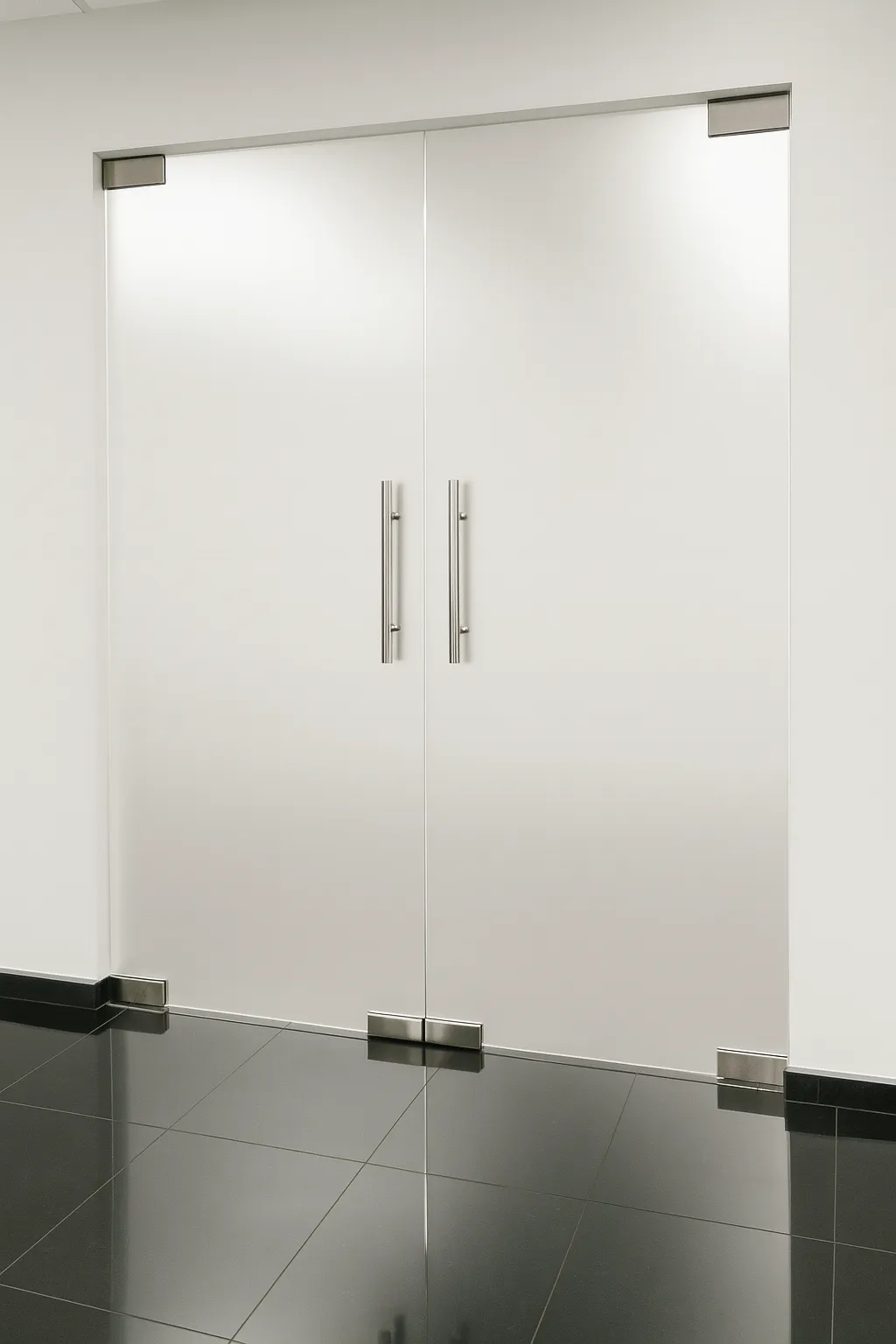 Puerta doble batiente manual con acabado esmerilado.