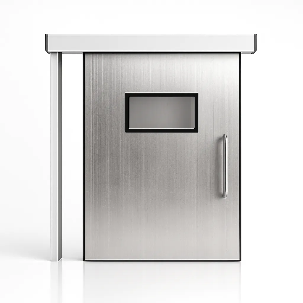 Render de puerta hermética automática corrediza de acero inoxidable.