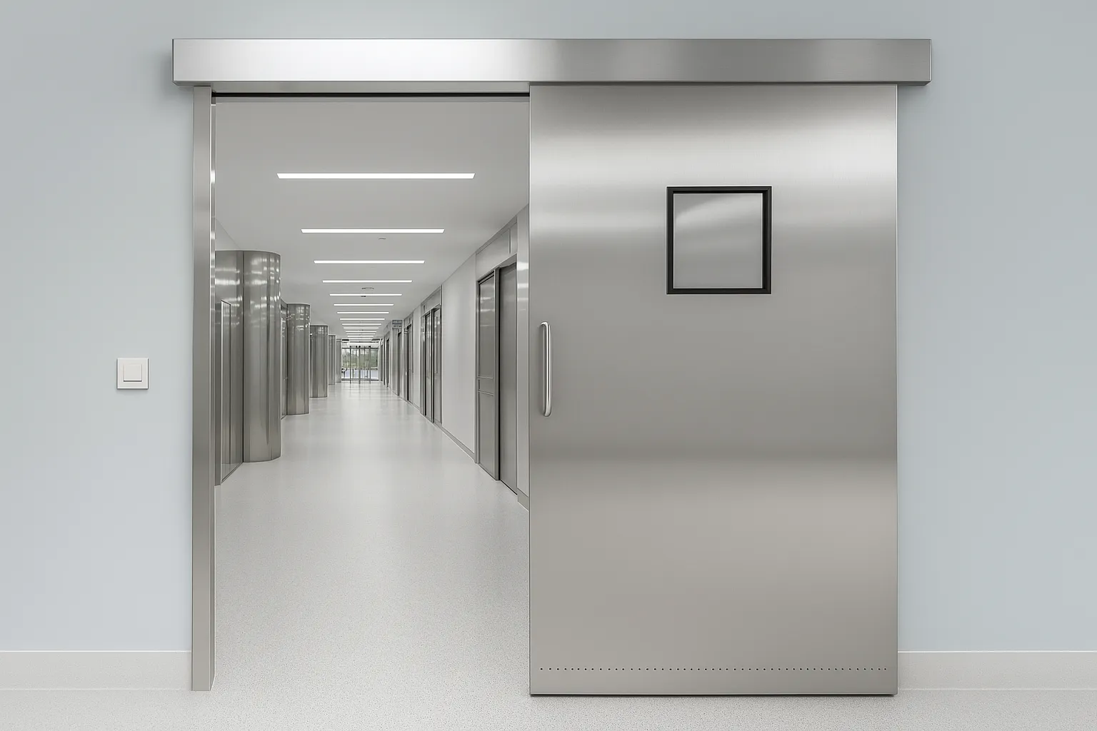 Puerta hermética corrediza automática en acabado metálico.