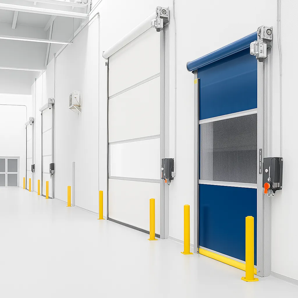 Puerta rápida de lona azul junto a puerta seccional.