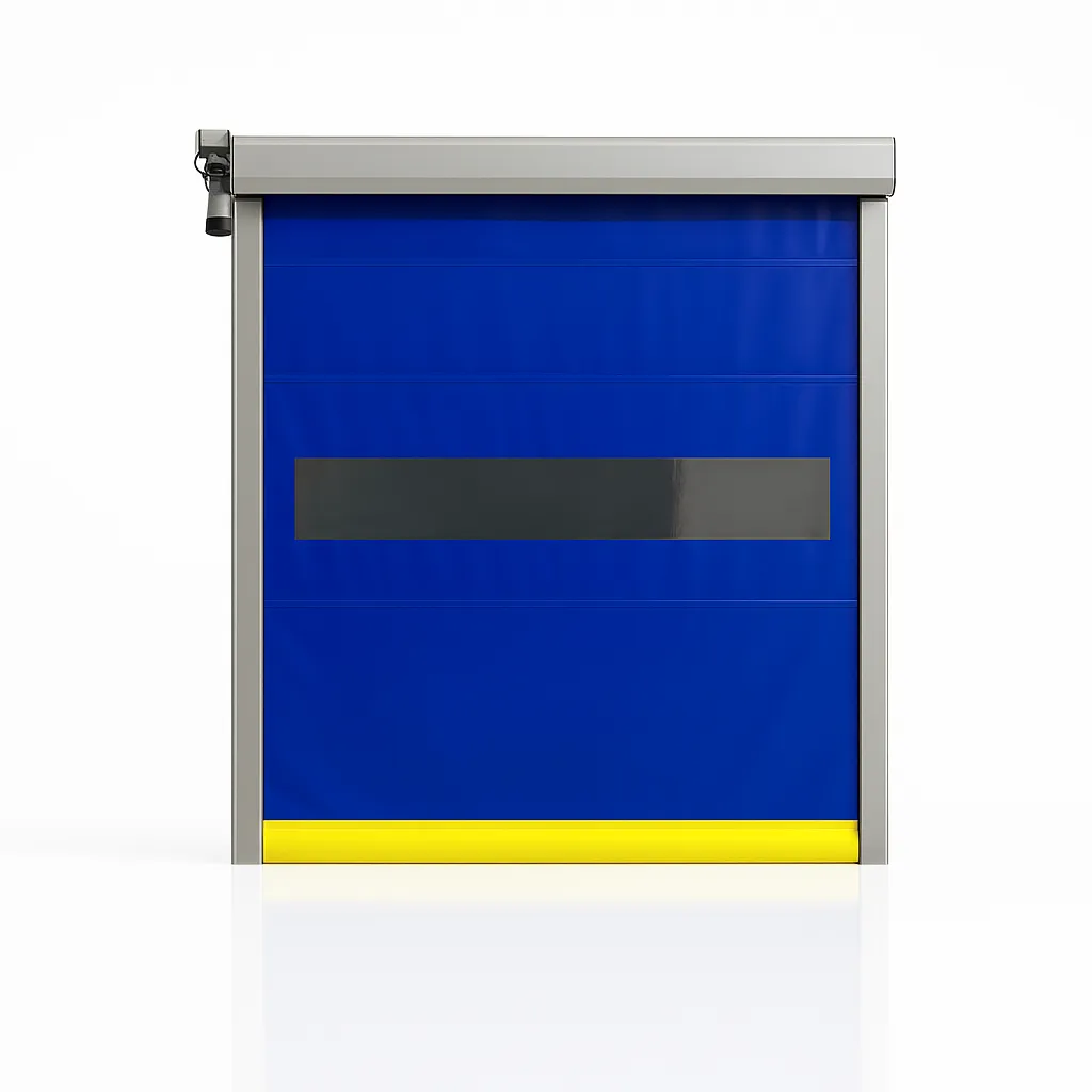 Render de puerta rápida de lona azul con fondo blanco.